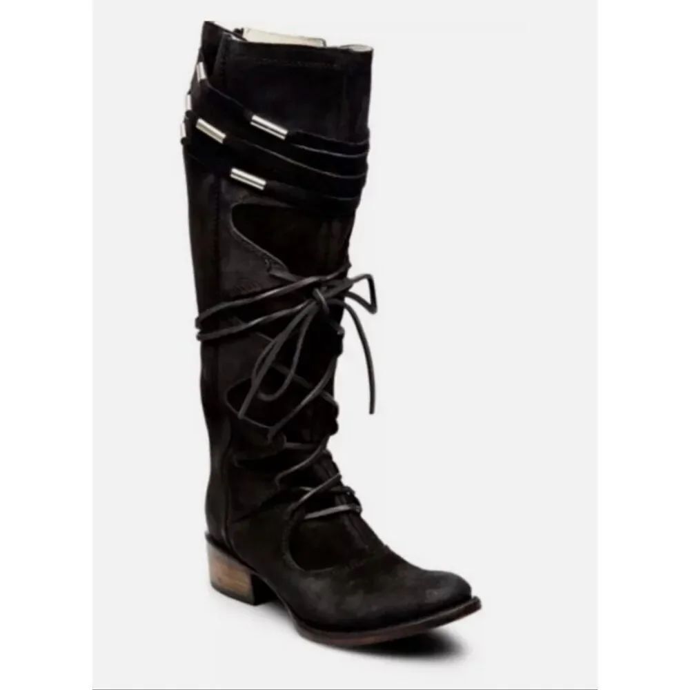 Freebird By Steven Wagon Suede Leather Belted Lace Up Boho Tall Boots Women's 7